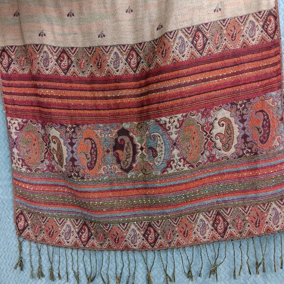Achillea Reversible Bohemian Pashmina Ethnic Tribal Border Shawl Wrap Scarf - Picture 6 of 8